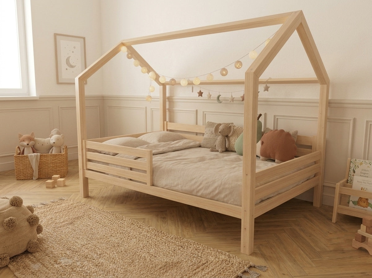 Lit double cabane en bois en forme de maisonnette 140x200 – Lit Tendresse