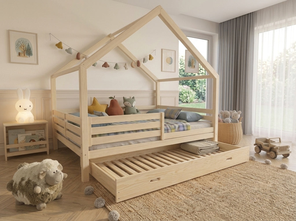 Lit cabane double en bois en forme de maison avec toit style chalet 120x200 – Lit Tendre Cocon