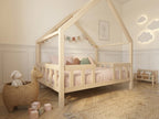 Lit double cabane en bois massif avec barrières et design maison 120x200 – Lit Cocon