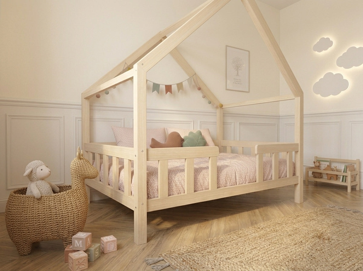 Lit double enfant en bois façon maison avec barrières et tiroir 140x200 – Lit Farandole