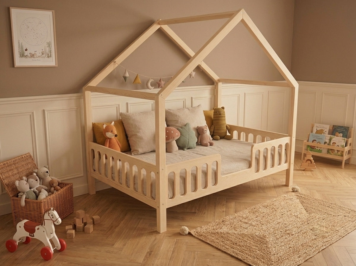 Lit double en bois en forme de maison avec barrières 120x200 – Lit Cocon