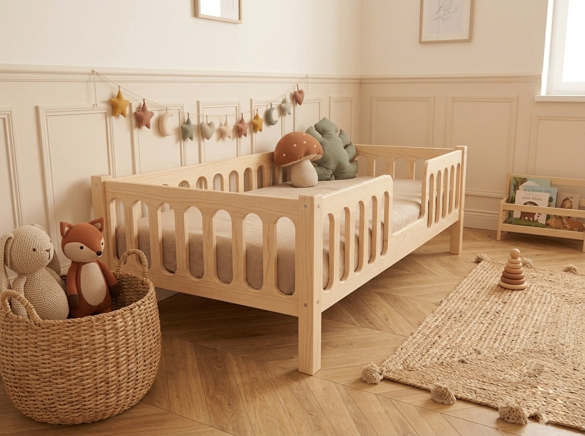 Lit simple 80x160 en bois avec barrières arrondies rassurantes – Lit Cocon