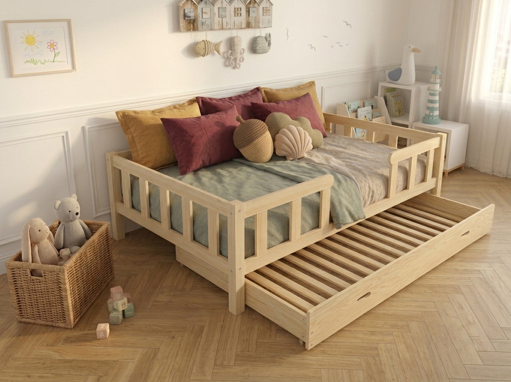 Lit double gigogne en bois avec larges barrières 140x200 – Lit Farandole