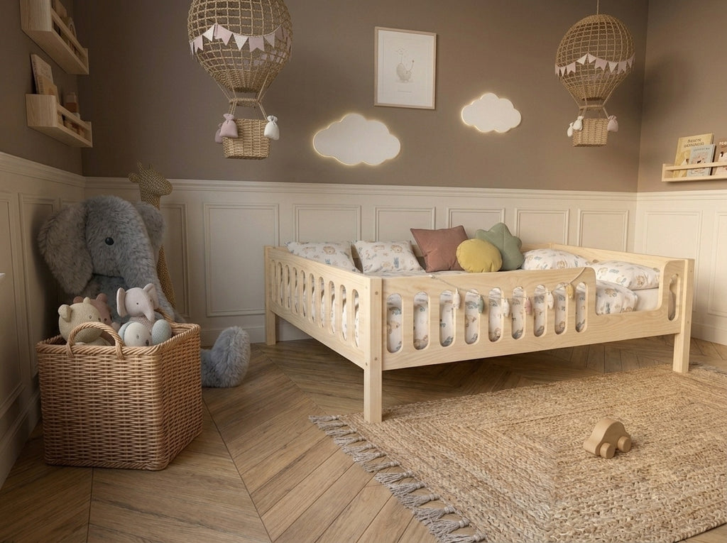 Lit double enfant en bois avec barrières arrondies 140x200 – Lit Cocon