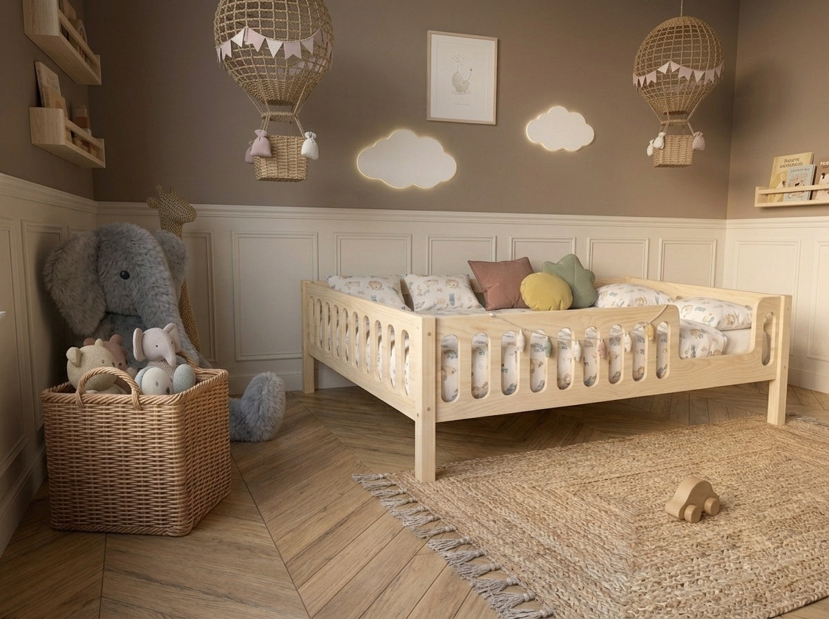 Lit double 120x200 en bois avec barrières sécurisantes et beaux barreaux – Lit Cocon