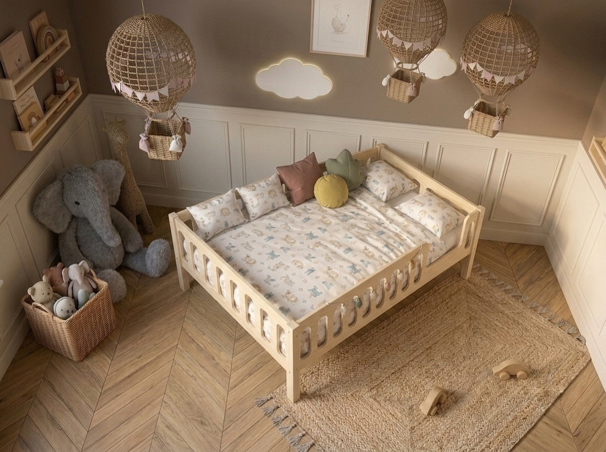 Lit double enfant en bois avec barrières arrondies 140x200 – Lit Cocon