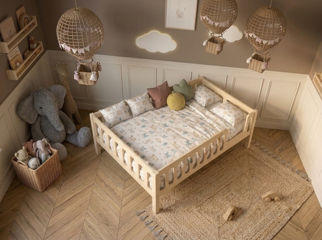 Lit double 120x200 en bois avec barrières sécurisantes et beaux barreaux – Lit Cocon