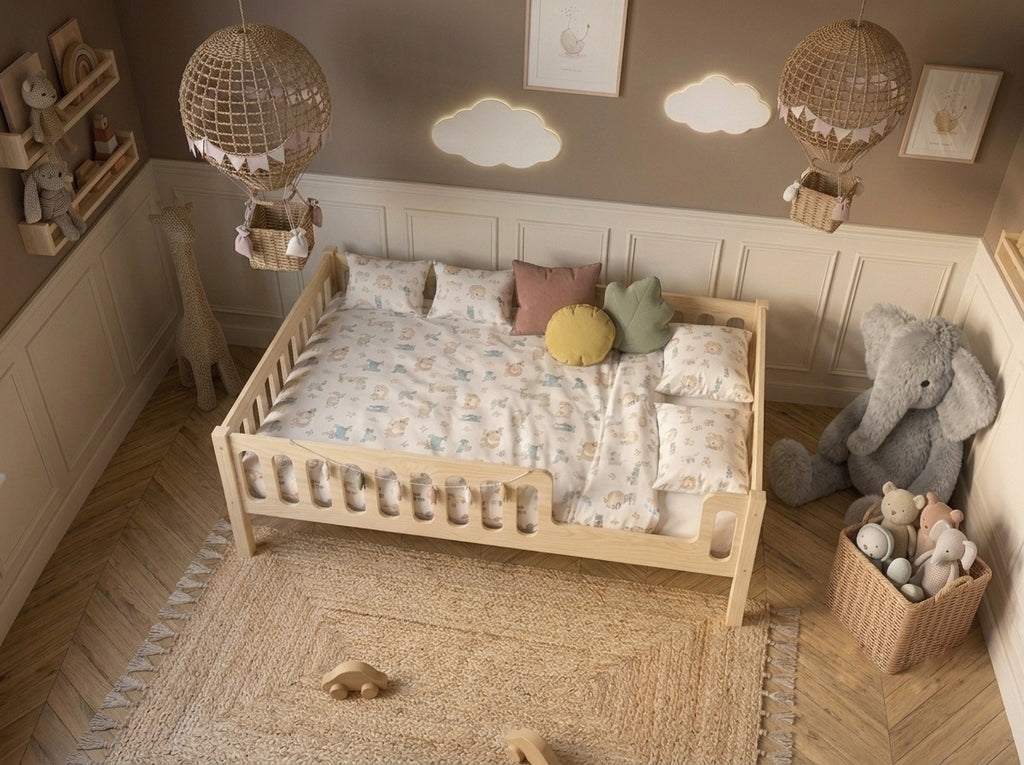 Lit double enfant en bois avec barrières arrondies 140x200 – Lit Cocon