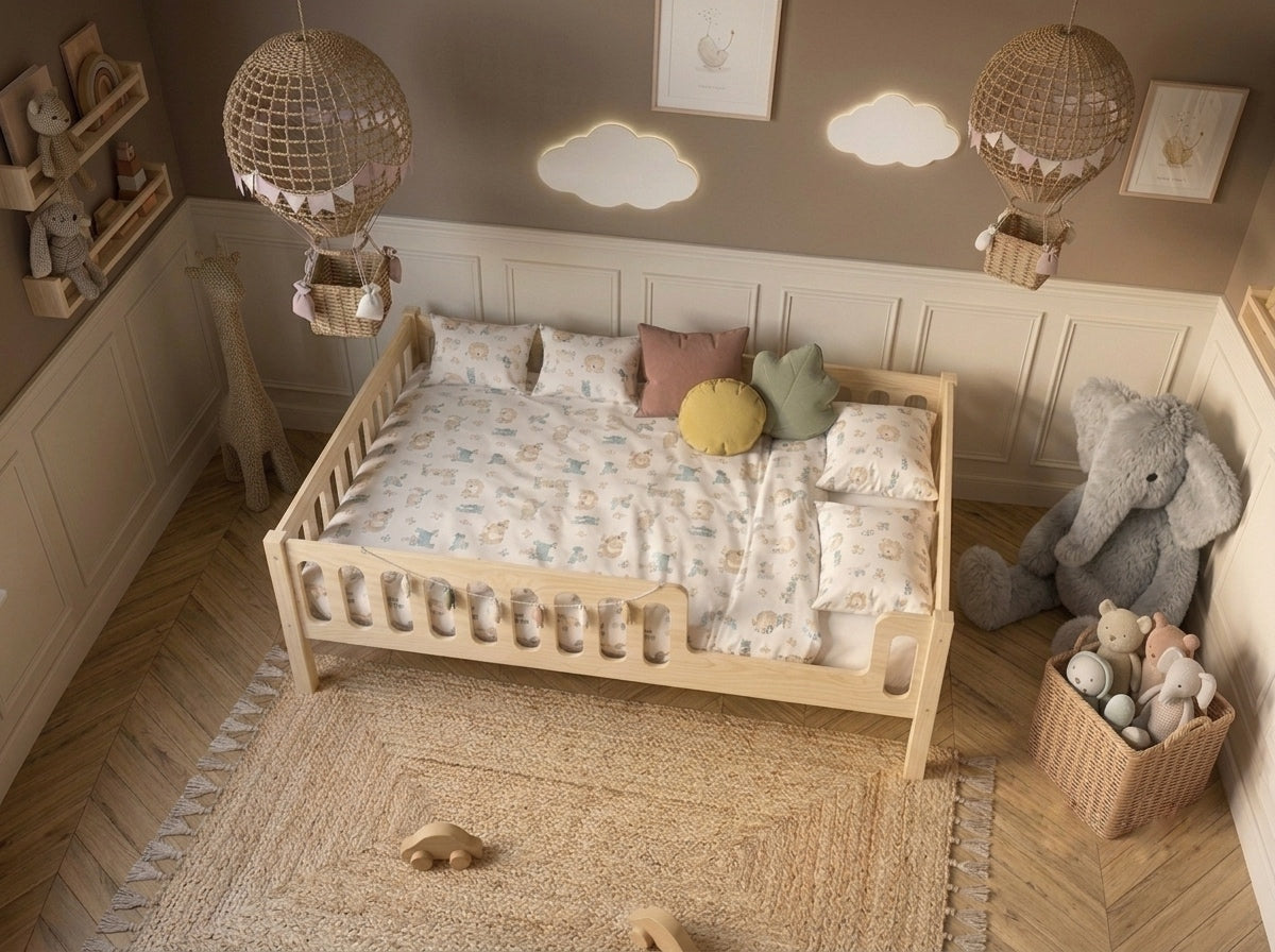 Lit double enfant en bois avec barrières arrondies 140x200 – Lit Cocon