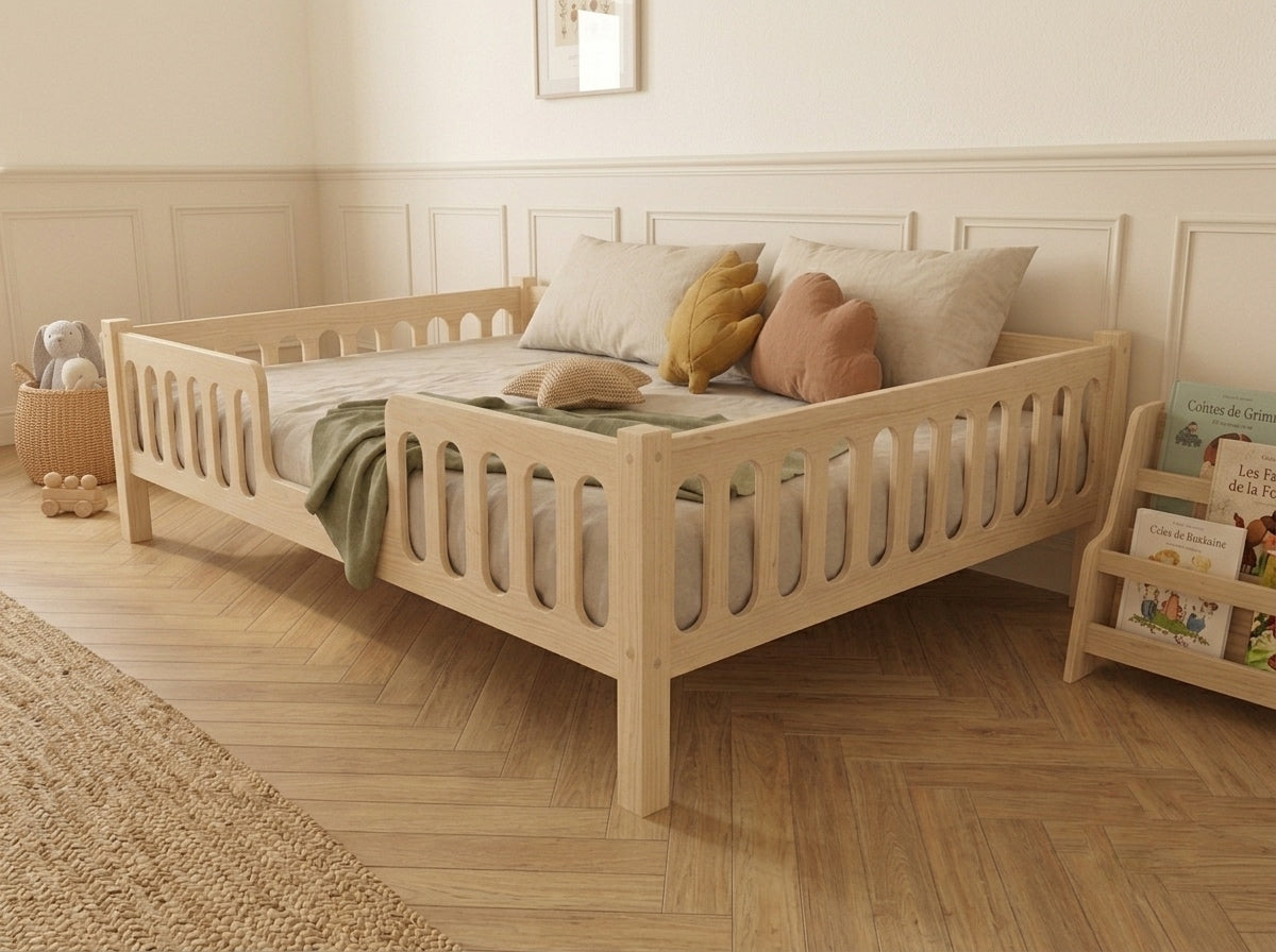 Lit double gigogne en bois avec barrières ajourées 140x200 – Lit Lucioles