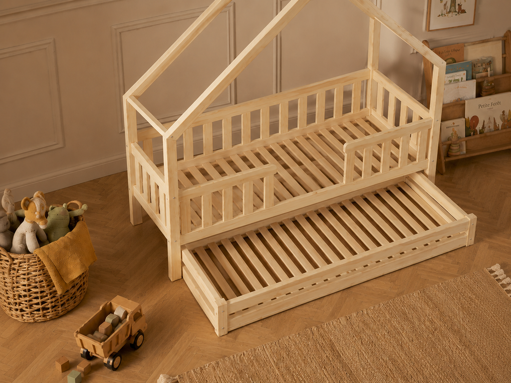 Lit cabane en bois en forme de maisonnette avec tiroir 80x160 cm – Lit Tendresse