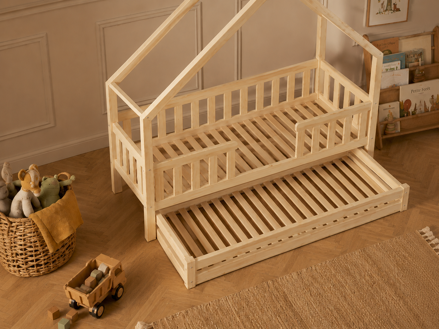 Lit cabane en bois en forme de maisonnette avec tiroir 80x160 cm – Lit Tendresse