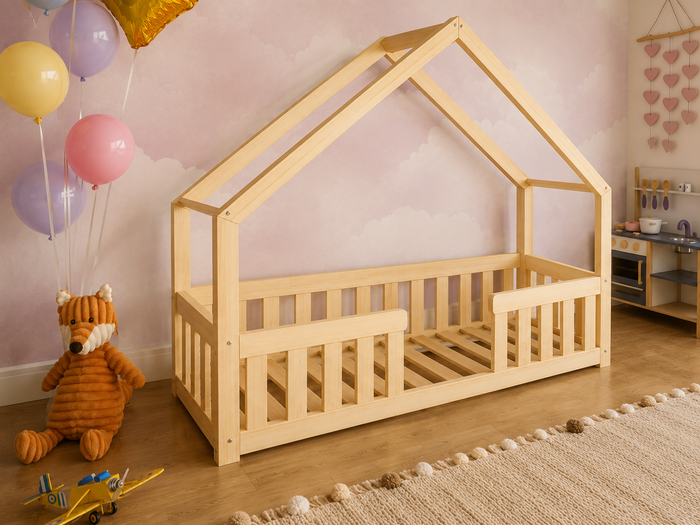 Lit cabane Montessori 80x160 en bois avec barrières de sécurité et toit maisonnette – Lit Nuage