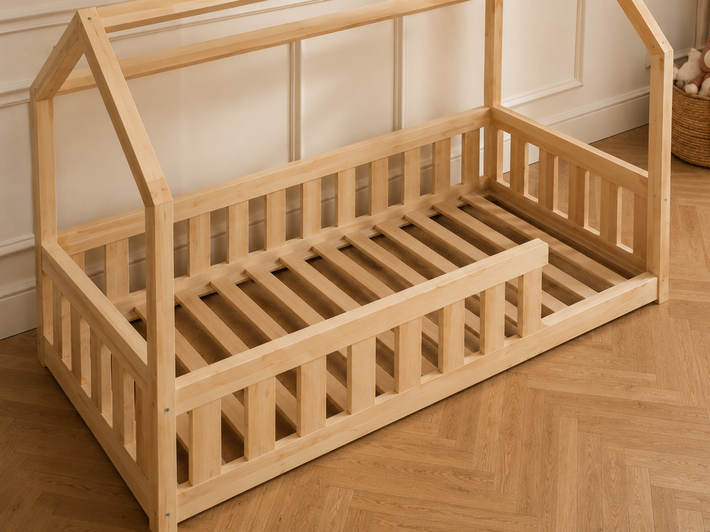 Lit cabane en bois en forme de maison ras du sol 90x190 – Lit Cocon