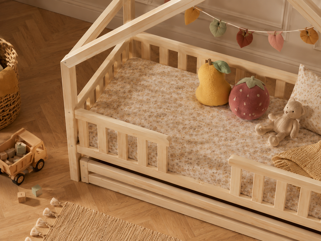 Lit cabane en bois en forme de maisonnette avec tiroir 80x160 cm – Lit Tendresse