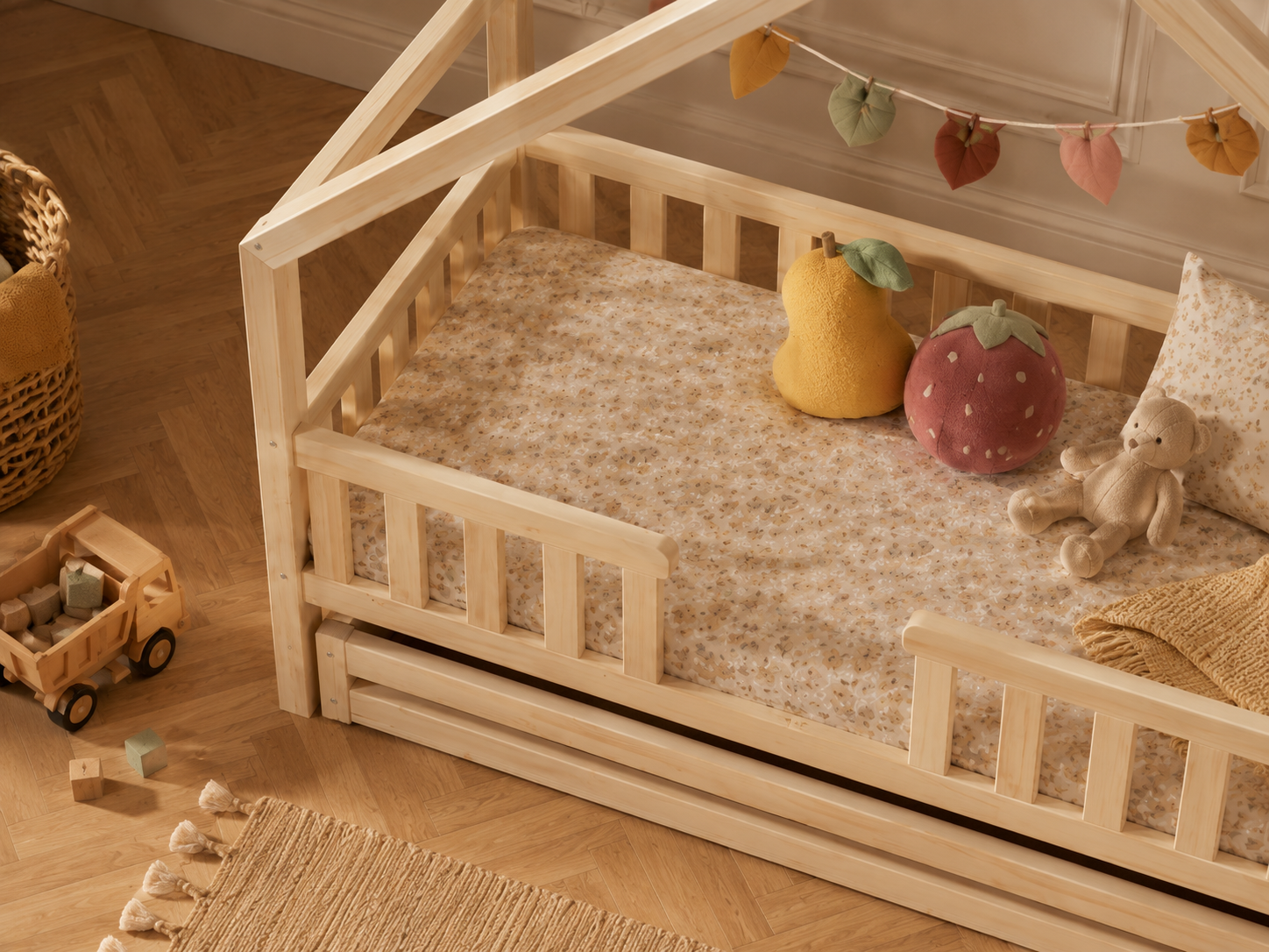 Lit cabane en bois en forme de maisonnette avec tiroir 80x160 cm – Lit Tendresse