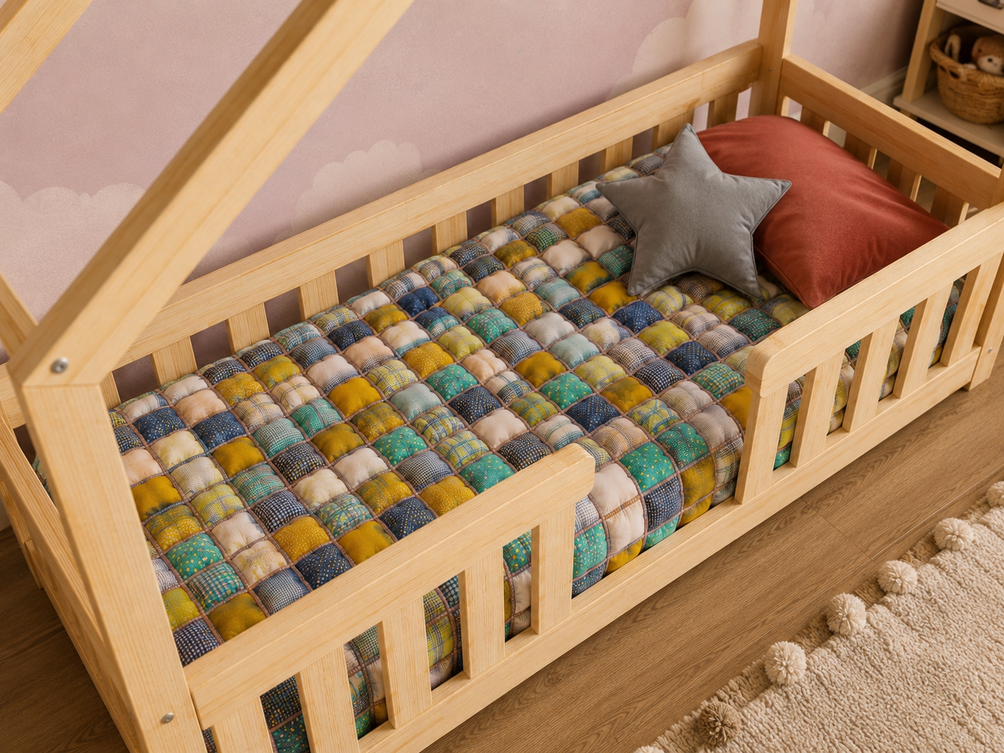 Lit cabane en bois en forme de maison avec barrières 80x160 cm – Lit Doudou