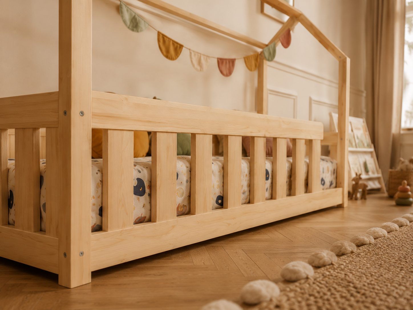 Lit cabane Montessori 80x160 en bois avec barrières sécurisantes – Lit Lucioles