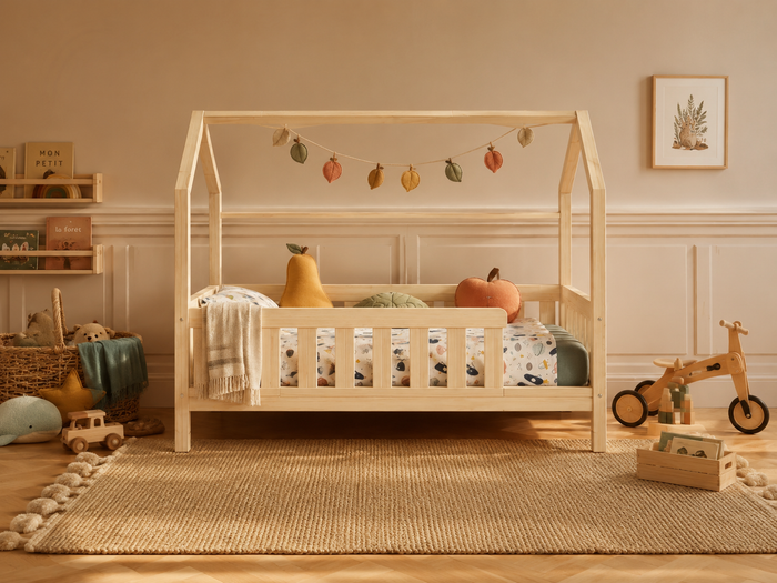 Lit cabane 80x160 en bois avec barrières de sécurité et tiroir de rangement – Lit Farandole