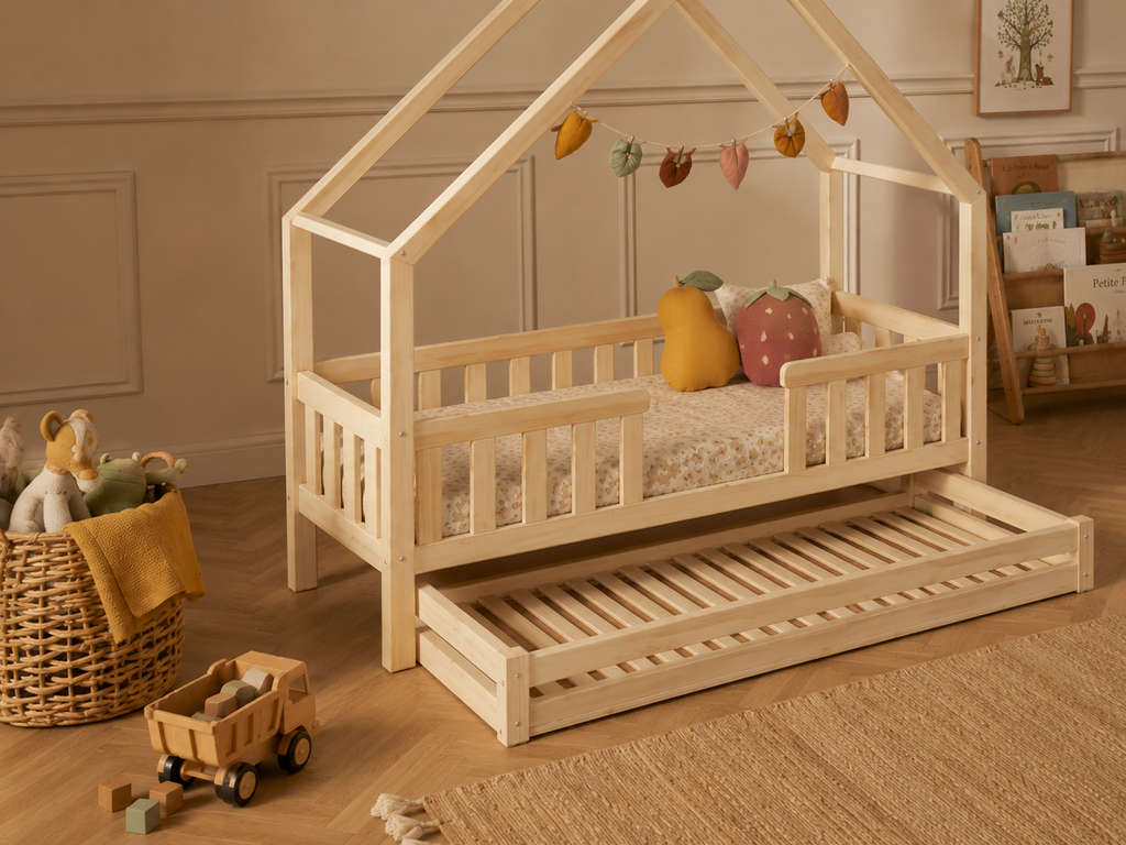 Lit cabane en bois en forme de maison avec tiroir 90x190 – Lit Farandole