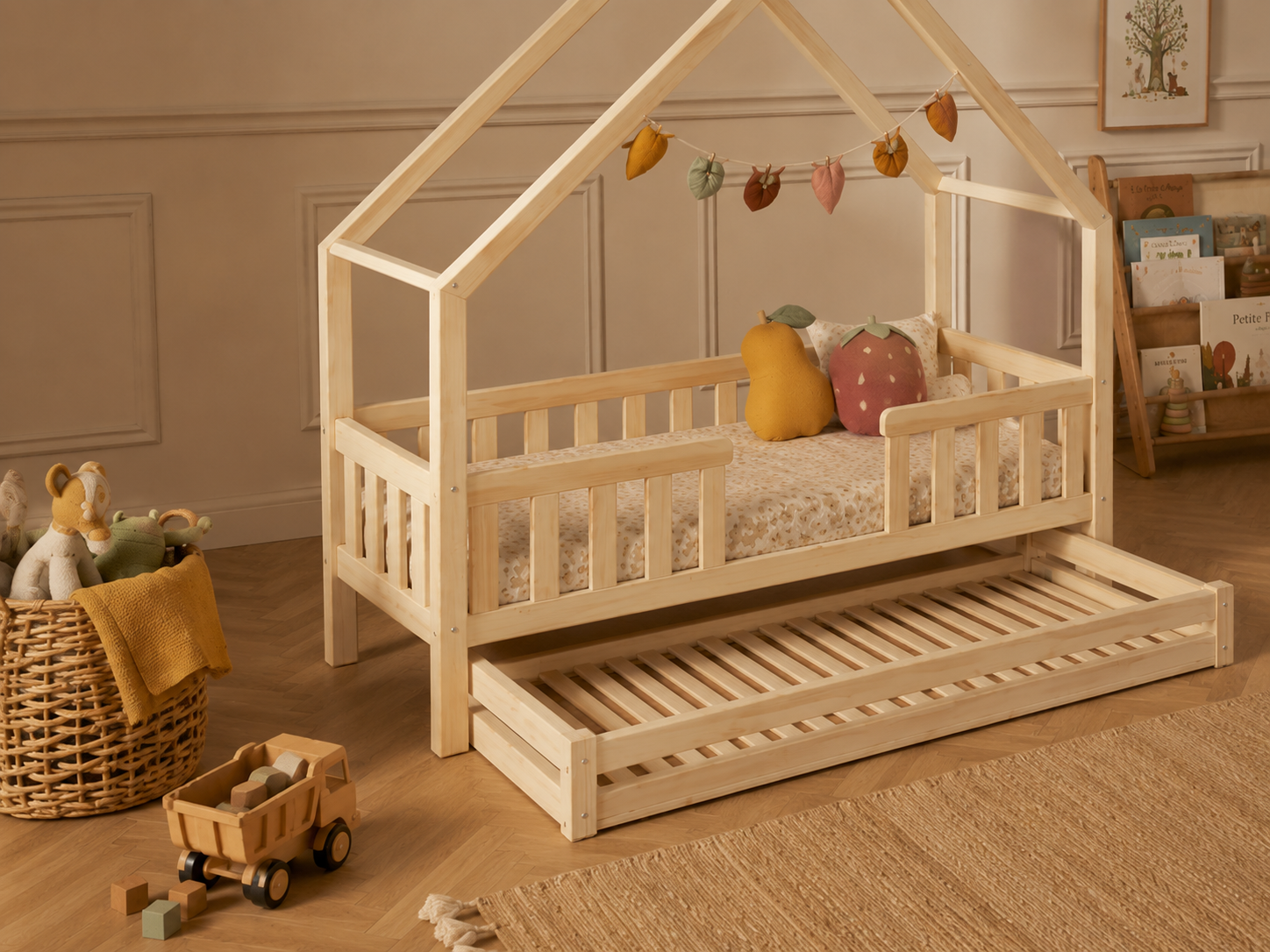 Lit cabane en bois en forme de maison avec tiroir 90x190 – Lit Farandole