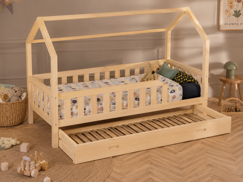 Lit cabane en bois en forme de maison avec tiroir 90x190 – Lit Câlin