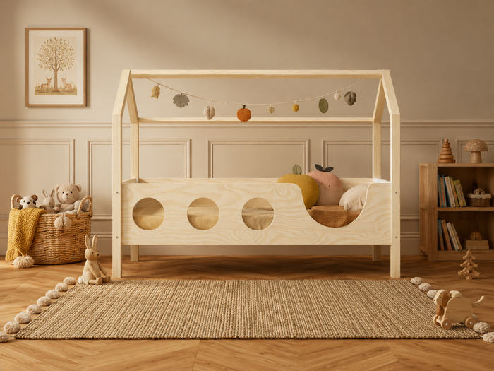 Lit cabane 90x190 en bois avec barrières ajourées et toit façon maisonnette – Lit Rêverie