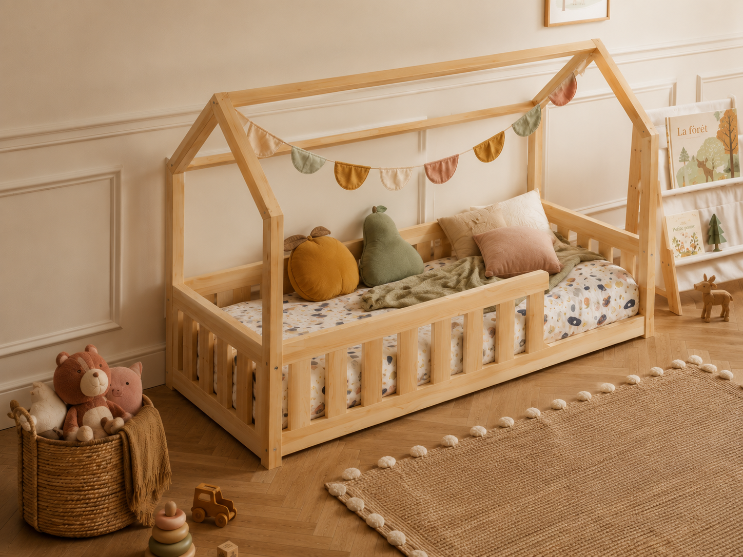 Lit cabane Montessori 80x160 en bois avec barrières sécurisantes – Lit Lucioles