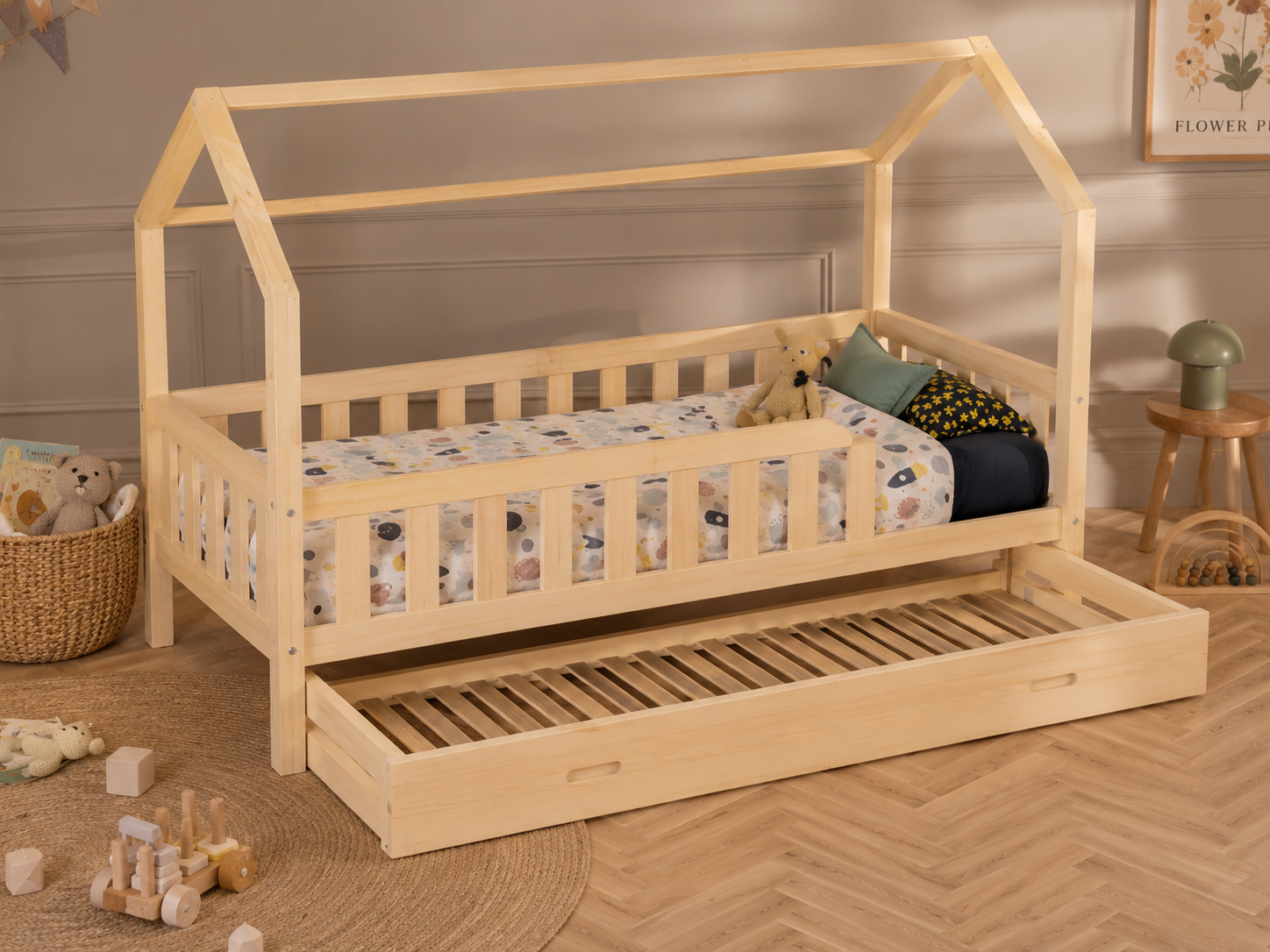 Lit cabane 80x160 en bois avec barrières de sécurité et tiroir de rangement – Lit Farandole