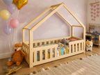 Lit cabane en bois en forme de maison avec barrières 80x160 cm – Lit Doudou