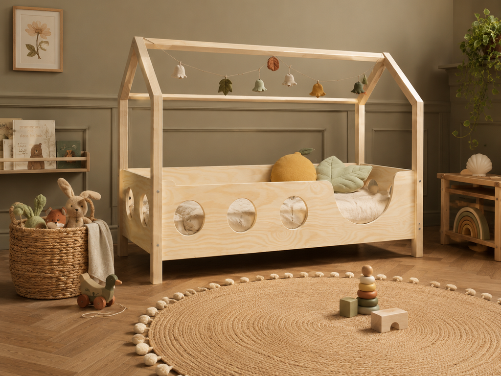 Lit cabane en bois avec façade hublots 80x160 cm – Lit Lucioles