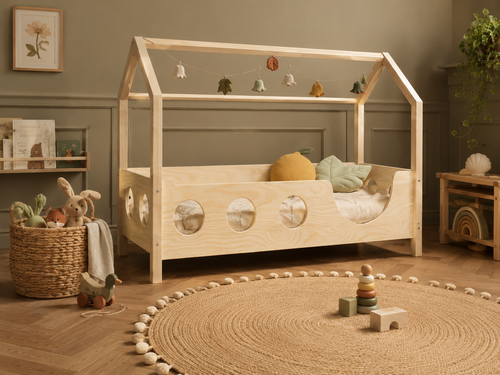 Lit cabane en bois avec façade hublots 80x160 cm – Lit Lucioles