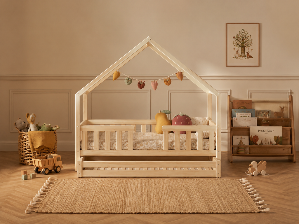 Lit cabane en bois en forme de maisonnette avec tiroir 80x160 cm – Lit Tendresse