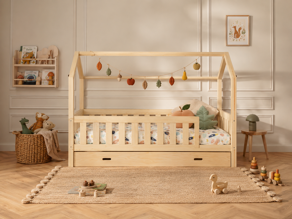 Lit cabane en bois en forme de maison avec tiroir 90x190 – Lit Câlin