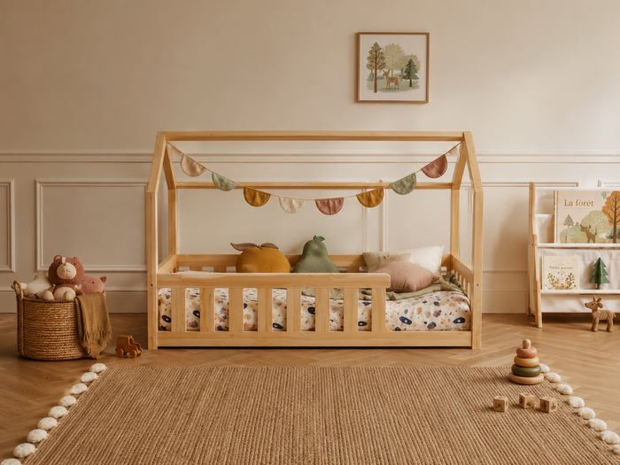 Lit cabane Montessori 90x190 en bois avec toit façon maisonnette et barrières de sécurité – Lit Rêverie