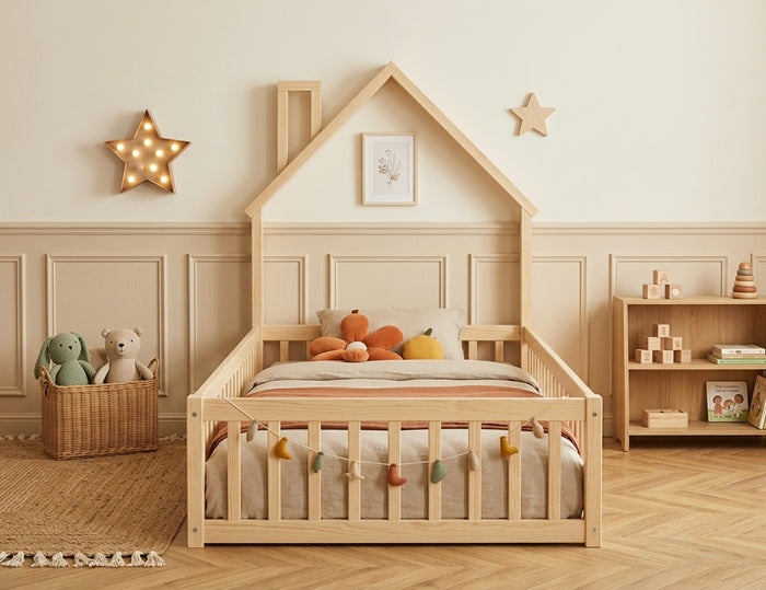 Lit simple en bois 90×200 en forme de maison avec cheminée – Lit simple Thomas