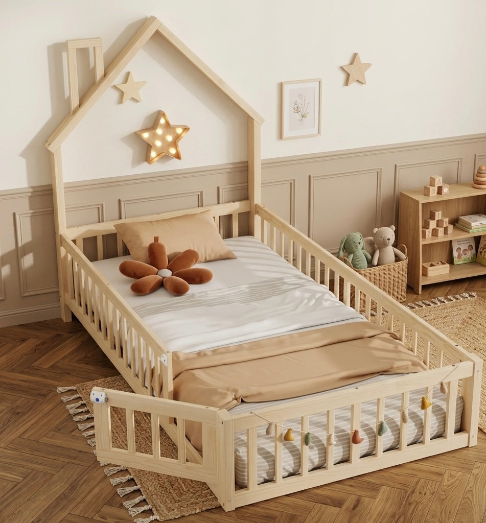 Lit simple en bois 90×200 en forme de maison avec cheminée – Lit simple Thomas