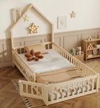 Lit simple en bois 90×200 en forme de maison avec cheminée – Lit simple Thomas