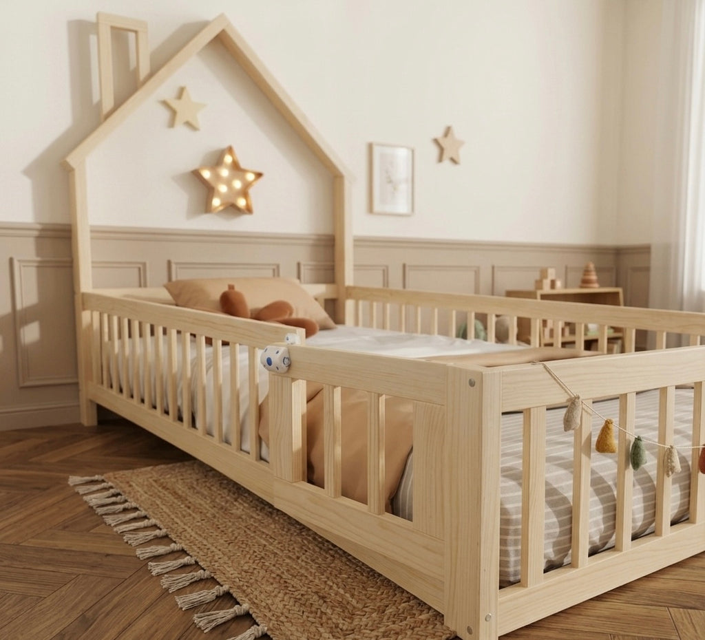 Lit simple en bois 90×200 en forme de maison avec cheminée – Lit simple Thomas