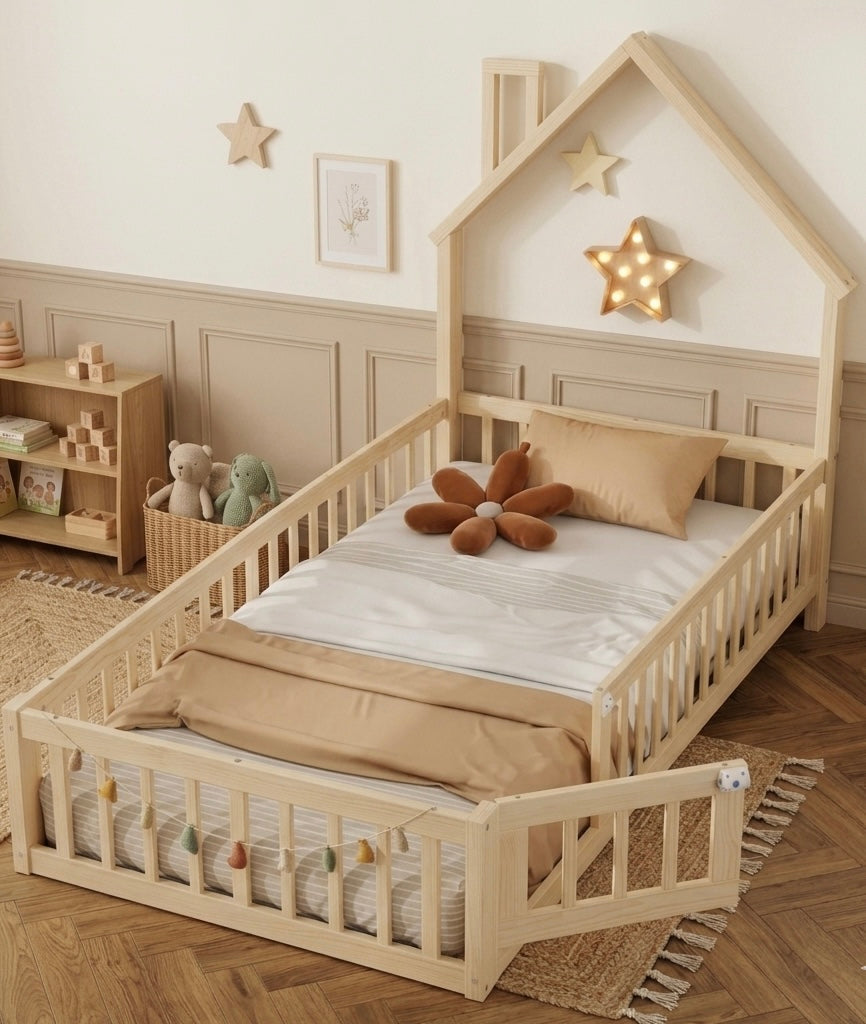 Lit simple en bois 90×200 en forme de maison avec cheminée – Lit simple Thomas