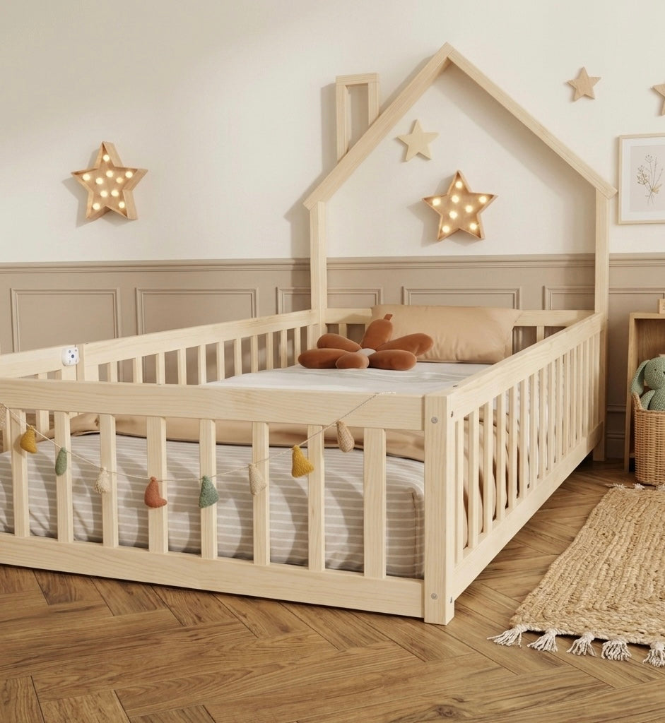 Lit simple en bois 90×200 en forme de maison avec cheminée – Lit simple Thomas