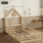 Lit simple en bois 90×200 en forme de maison avec cheminée – Lit simple Thomas