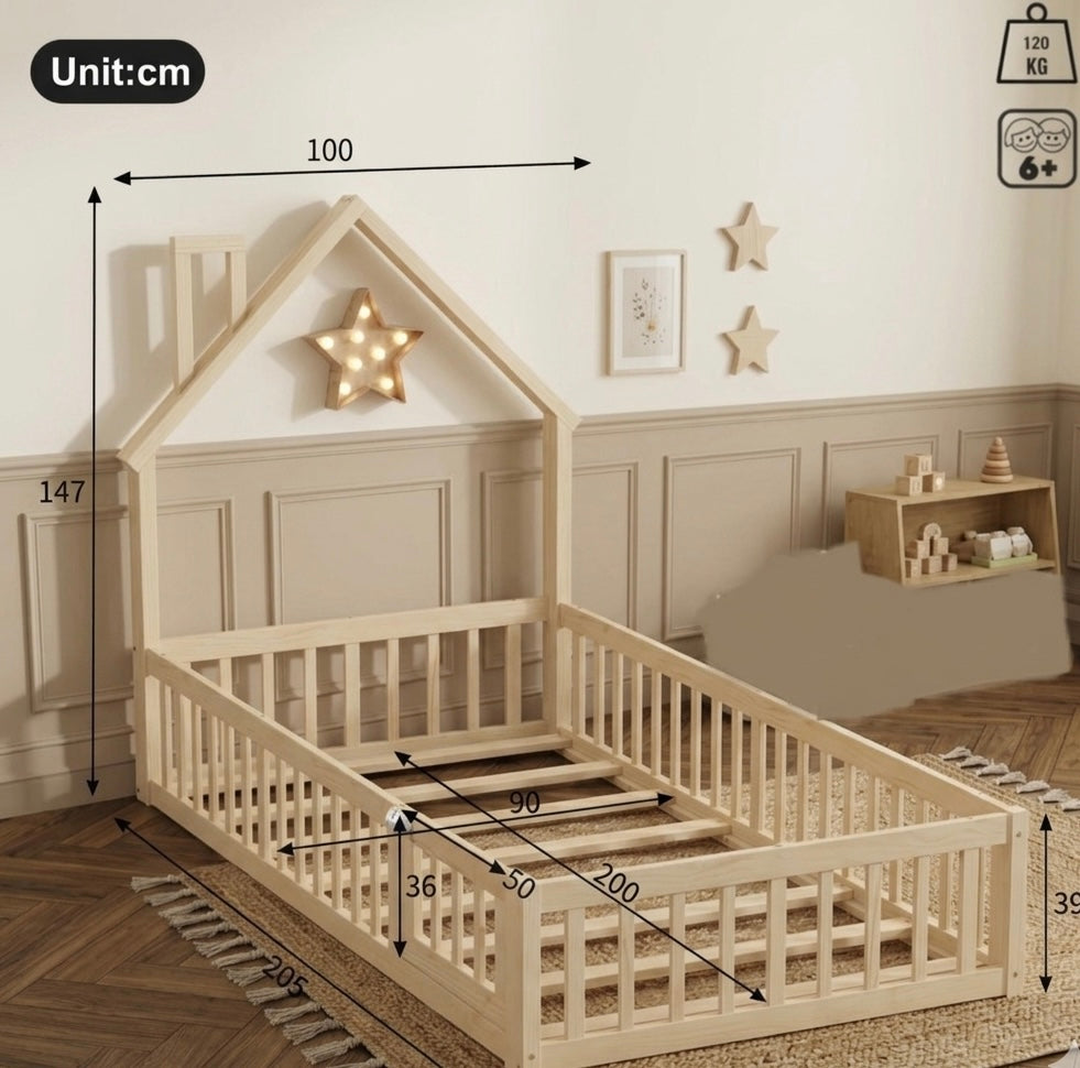 Lit simple en bois 90×200 en forme de maison avec cheminée – Lit simple Thomas